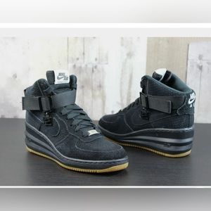 NIKE LUNAR FORCE 1 SKY HI WEDGE SNEAKERS IN BLACK SUEDE